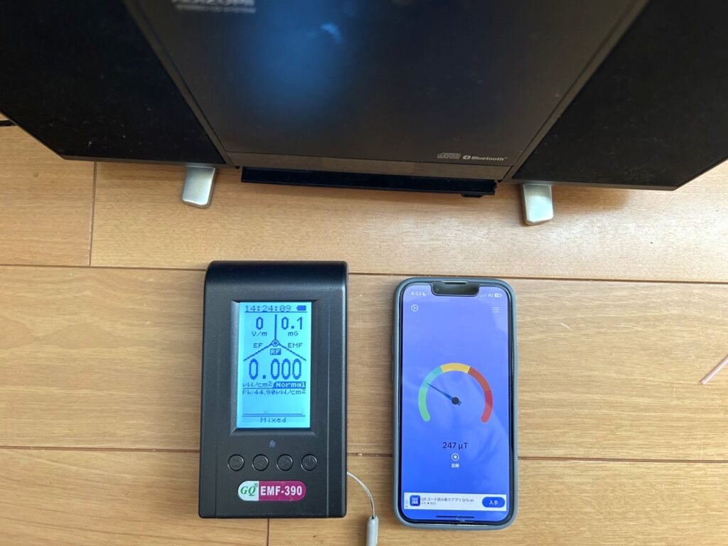Compare the measurement results of an electromagnetic wave measurement app and an electromagnetic wave measurement device